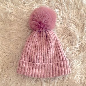 Pink puff ball beanie